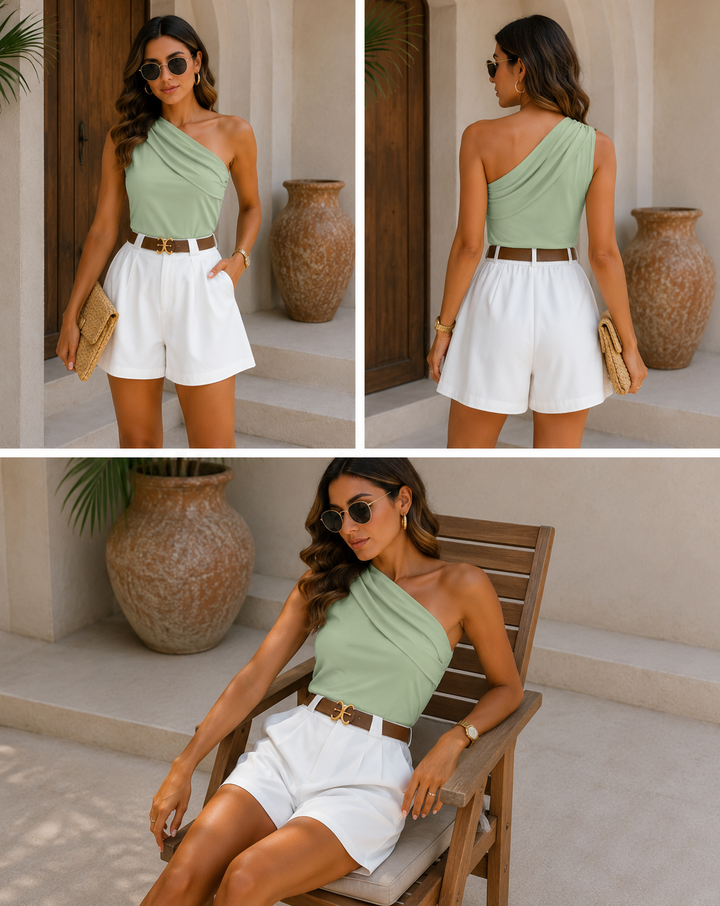 Conjunto Mediterránea – Top Asimétrico  Salvia + Short