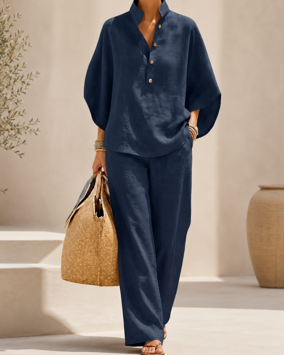 Conjunto de Lino Maribel – Mangas Murciélago y Pantalón Ancho