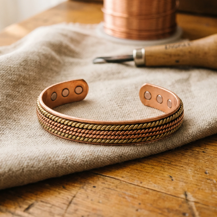 Set de cobre: pulsera de rombos y pulsera floral