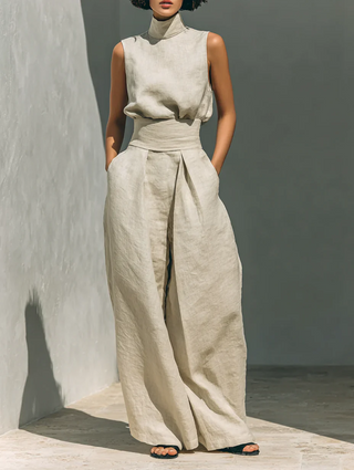 Aurora | Conjunto beige de dos piezas en algodón-lino con pantalón de pierna ancha