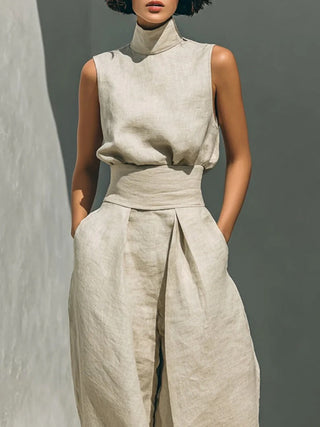Aurora | Conjunto beige de dos piezas en algodón-lino con pantalón de pierna ancha